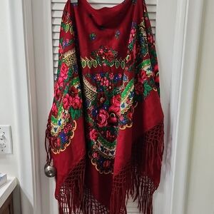 Elegant Floral Red Scarf with Fringe